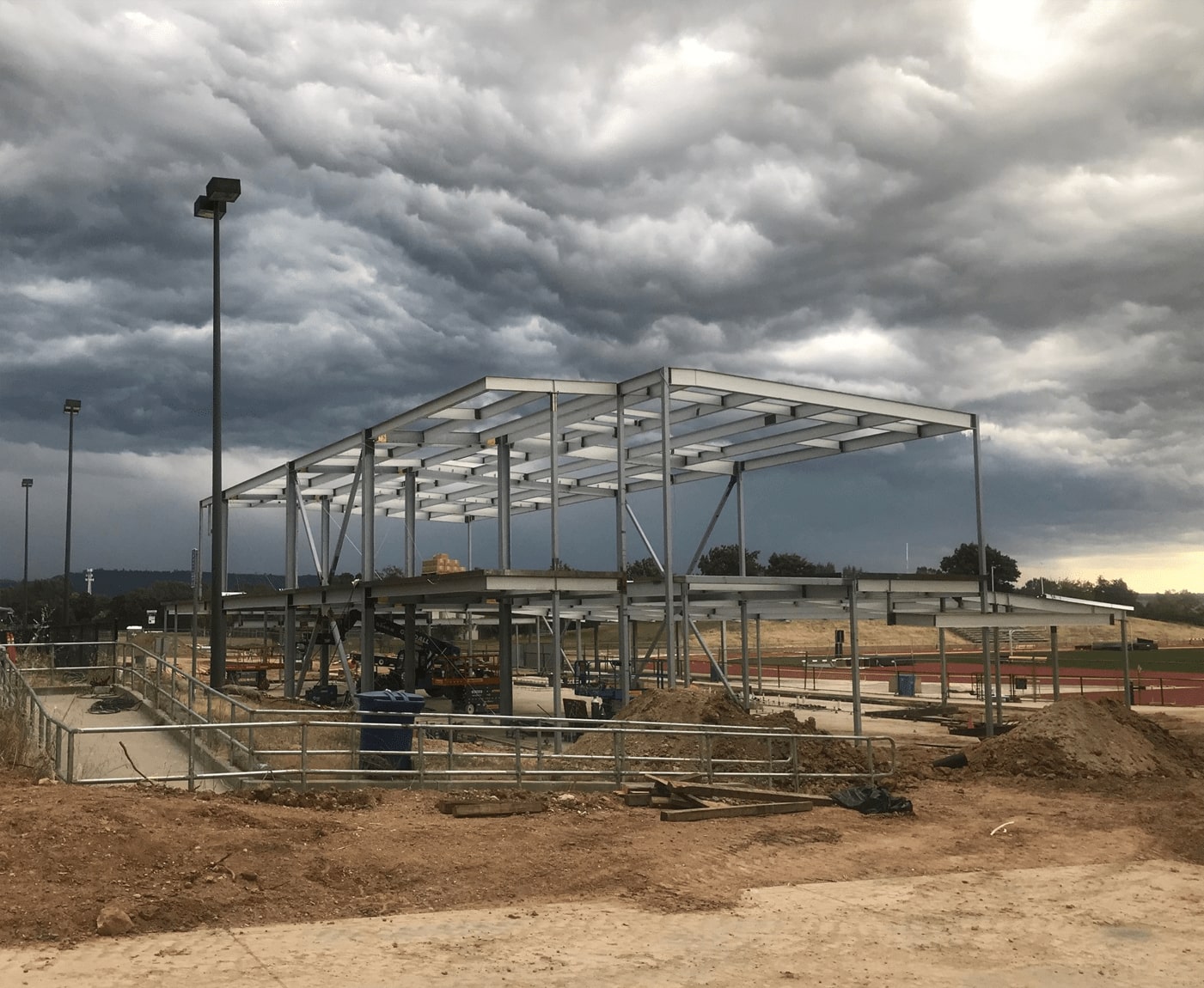 Construction site shows metal framing being built